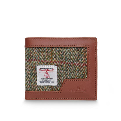A men's wallet with a blue leather exterior and a Harris Tweed interior, featuring a label with 'Islander' written on it.