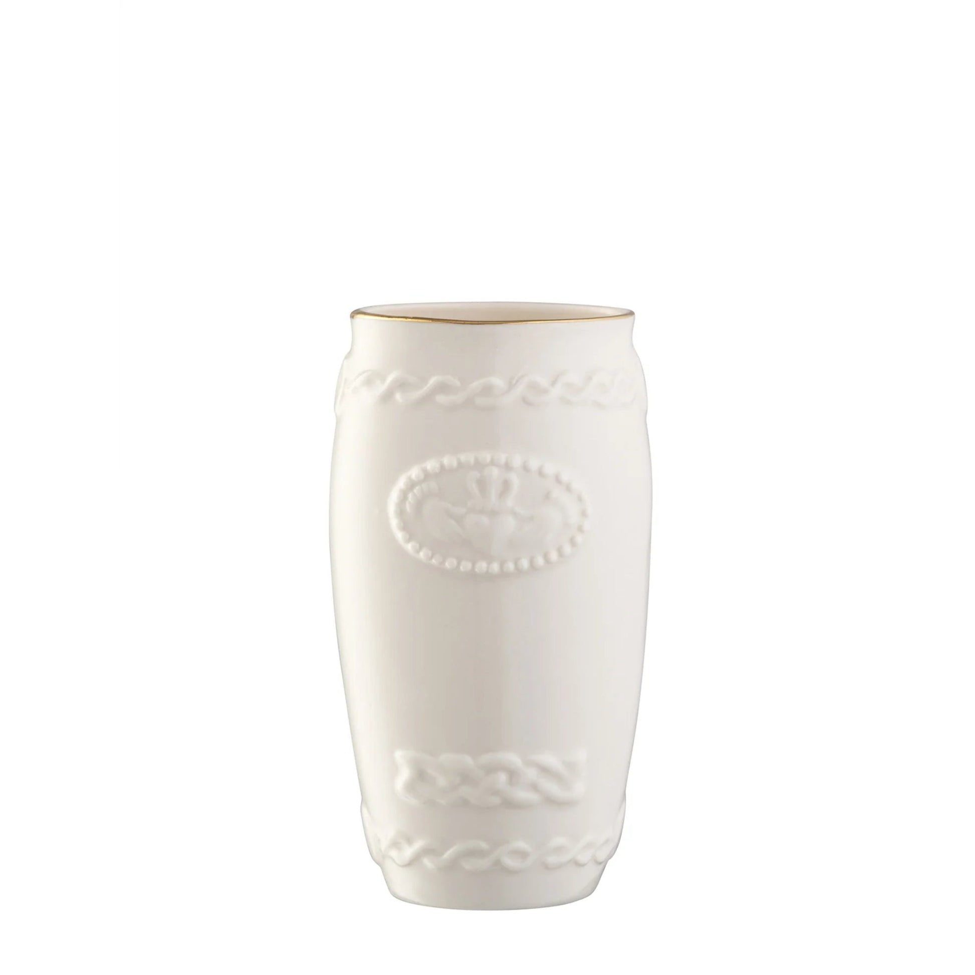 Small porcelain vase with an embossed claddagh on the front and a gold rim.