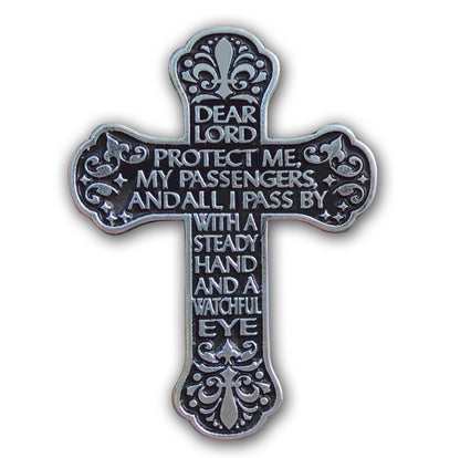 Decorative cross with engraved text on a white background