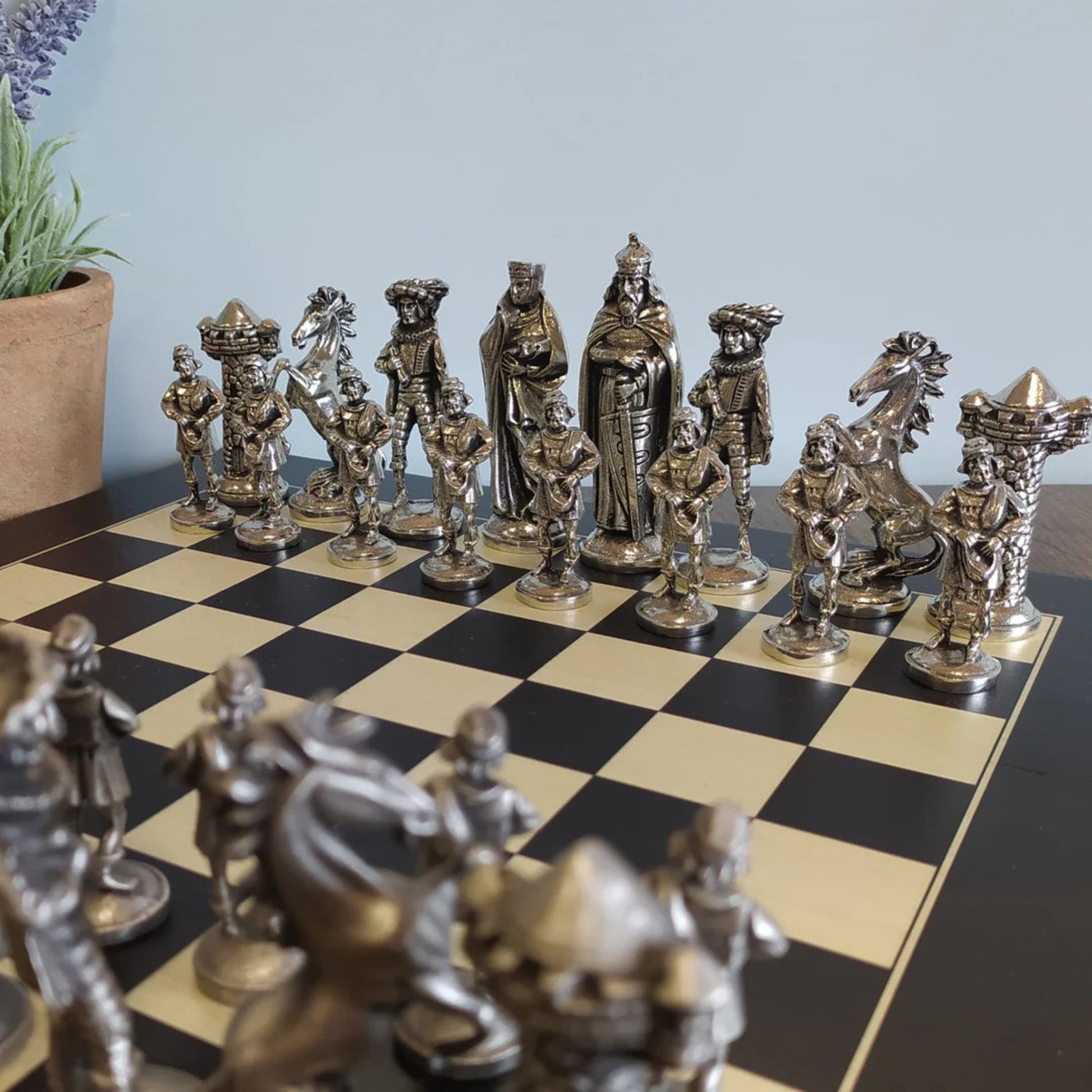 Silver chess pieces on a checkered chessboard with a plant in the background.
