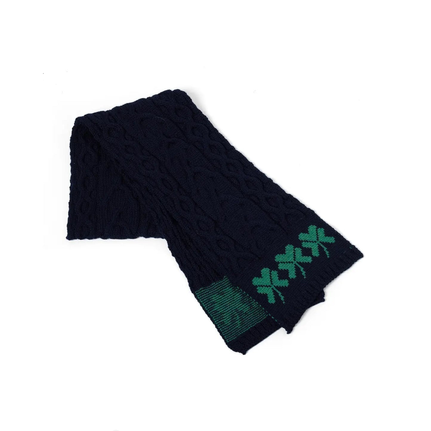 Black knit scarf with green pattern on a white background