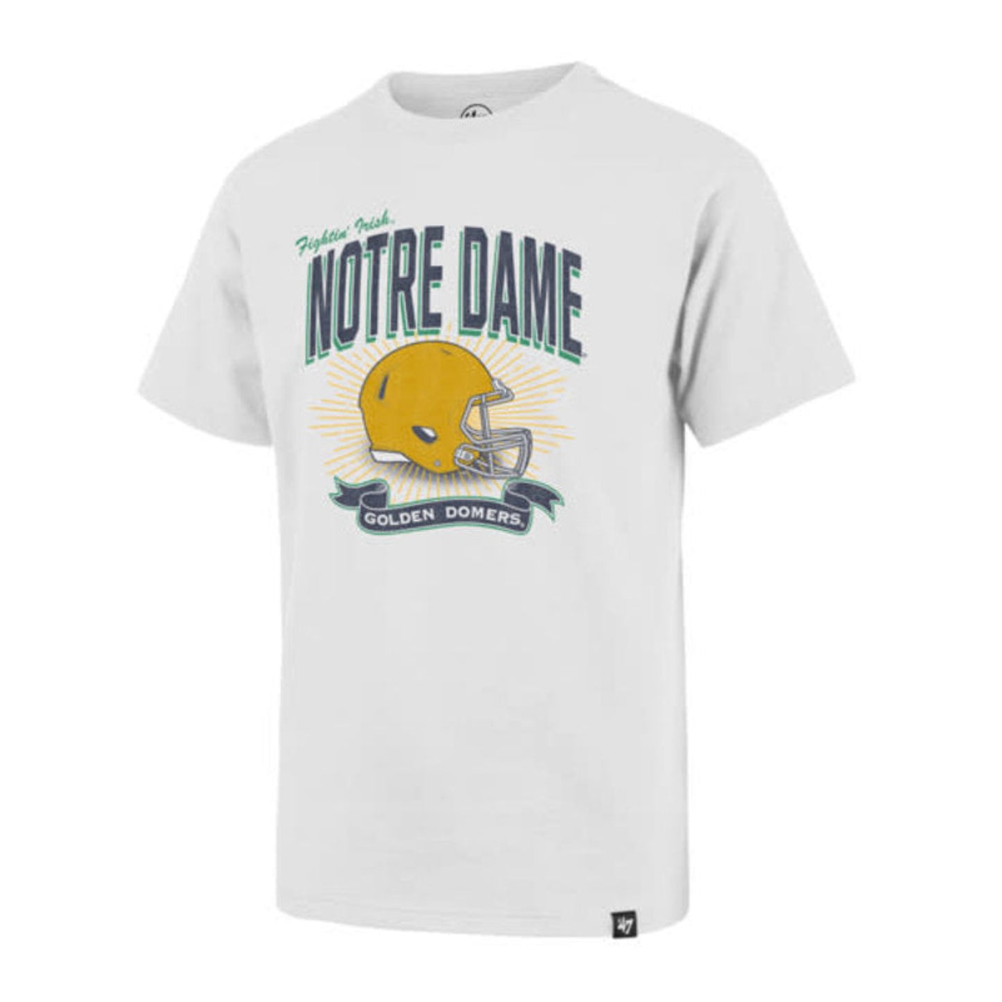 White t-shirt with Notre Dame logo featuring a yellow helmet on a white background