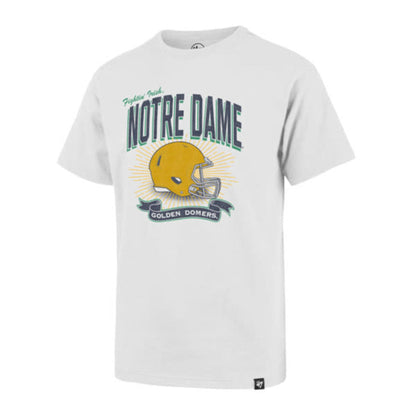 White t-shirt with Notre Dame logo featuring a yellow helmet on a white background