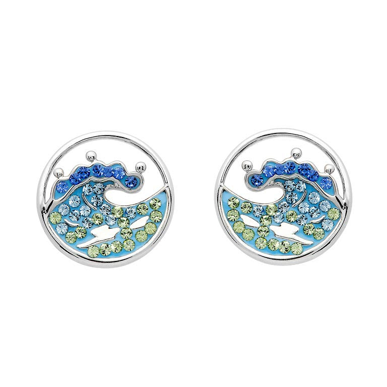 Sterling Silver Wave Stud Earrings with Blue and Green Crystals