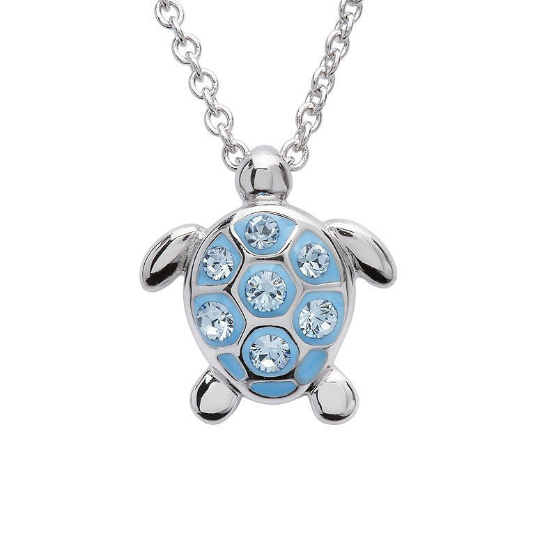 Sterling Silver Small Aqua Crystal Turtle Necklace