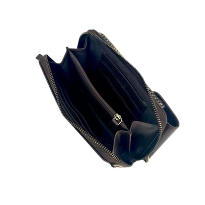 Black leather clutch bag with gold zipper on a white background