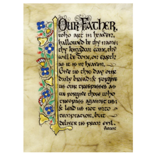 Decorative text of 'Our Father' prayer with floral elements on a textured beige background