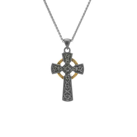 Small Silver & 10k Gold Circle Celtic Cross Pendants - Darkened Sterling or Oxidized Sterling