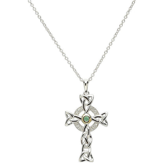 Platinum Plated Cross Green/ White Pendant