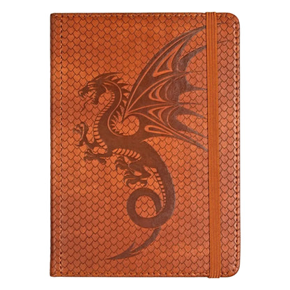 An orange-brown journal with a scale pattern and etched dragon.