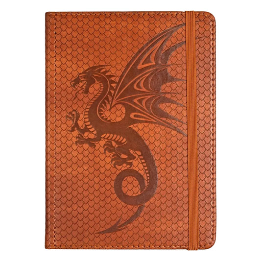 An orange-brown journal with a scale pattern and etched dragon.