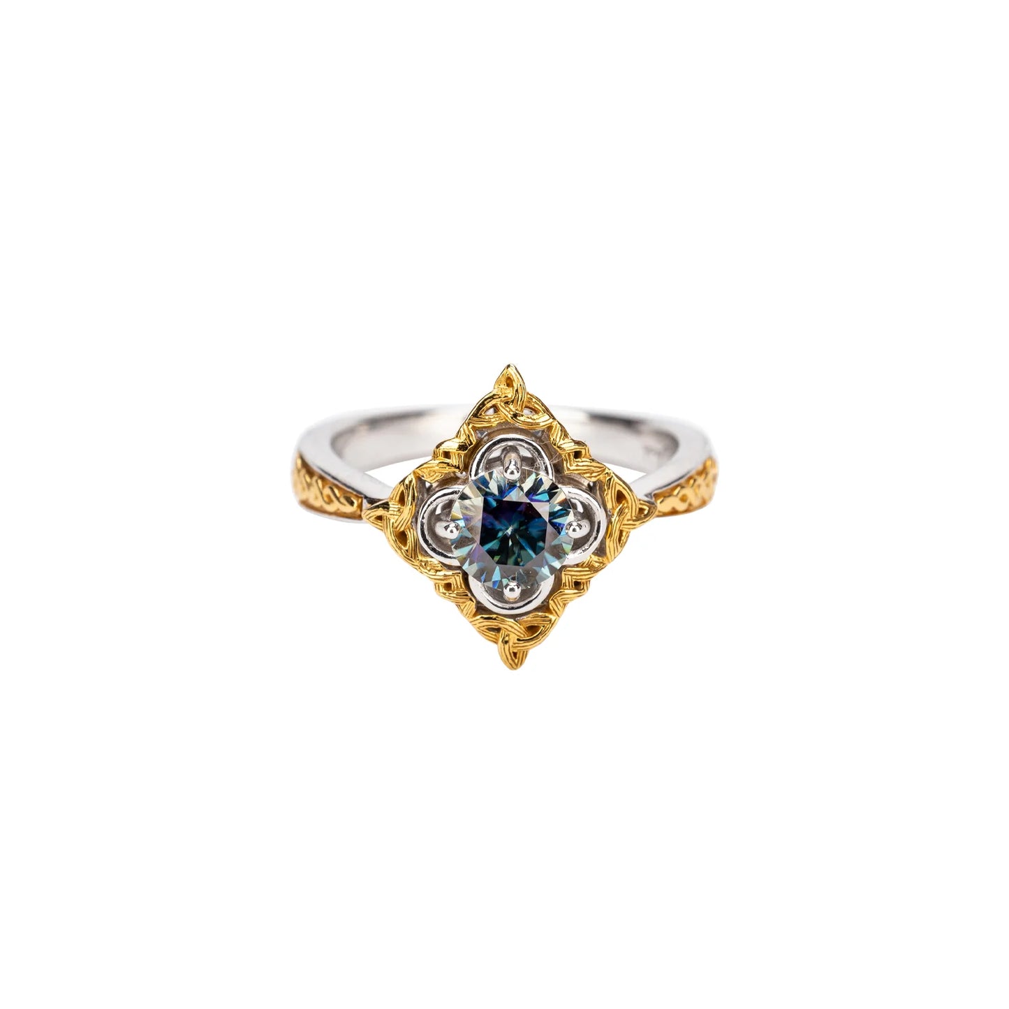 Silver And 10k Gold Celestial Ring - Mystic Blue Moissanite