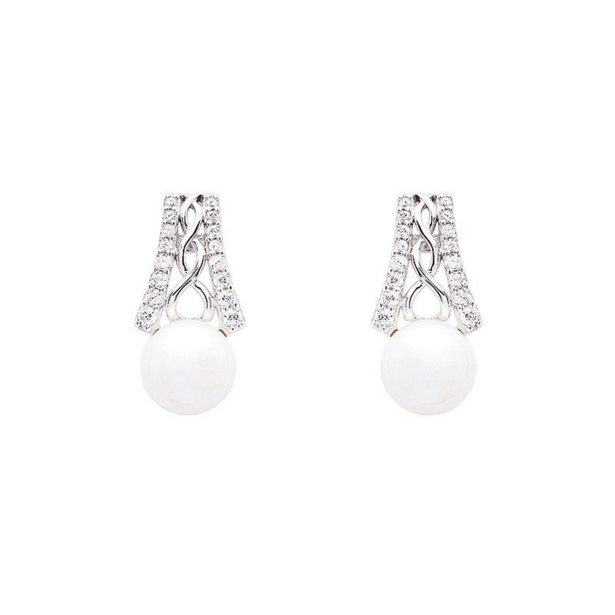 Pair of earrings with white spherical stones and silver designs on a white background