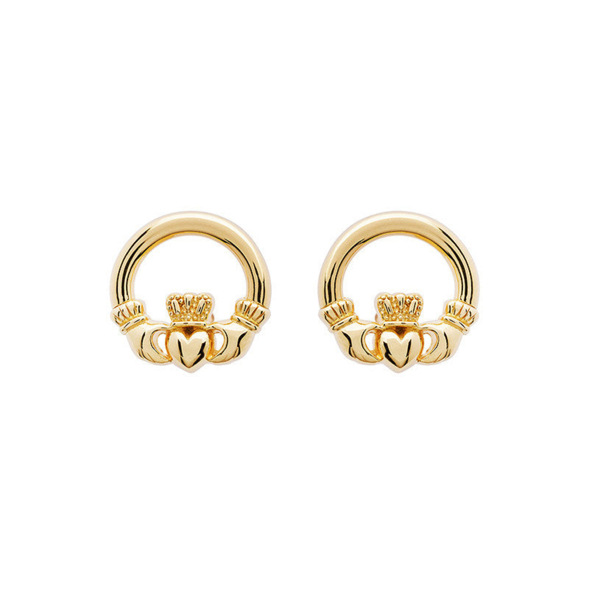 Pair of gold claddagh ring earrings on a white background