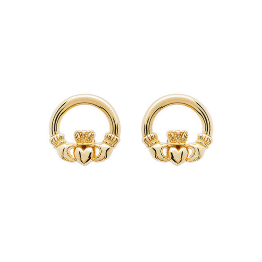 Pair of gold claddagh ring earrings on a white background