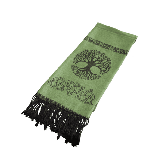 Green scarf with black tree of life design and fringes on a white background