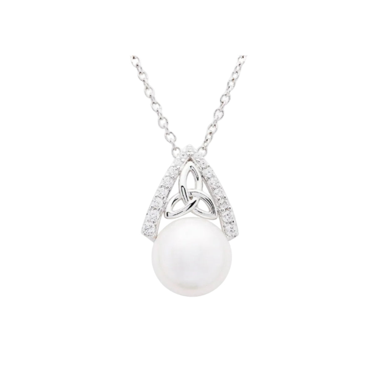 Pearl necklace with silver Celtic knot design on a white background
