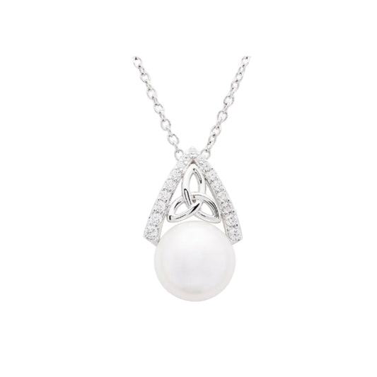 Pearl necklace with silver Celtic knot design on a white background