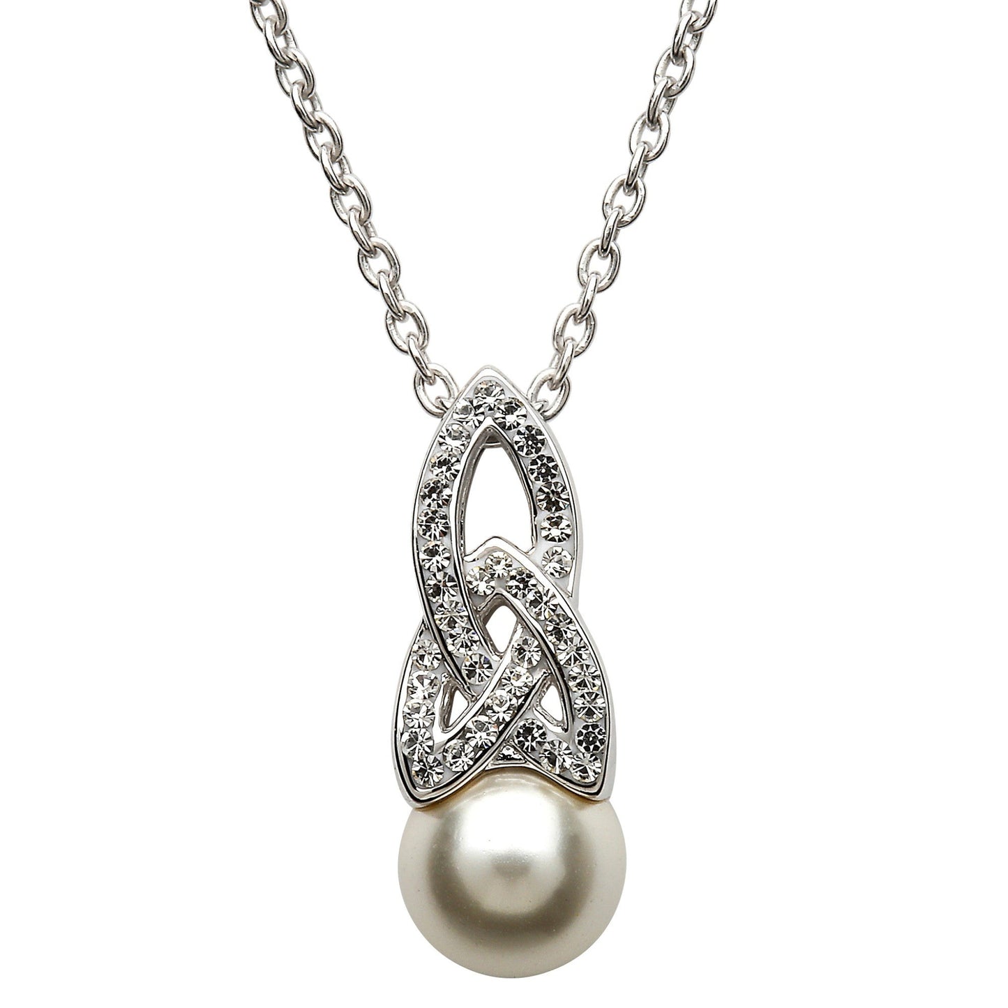 A Celtic pearl necklace adorned with sparkling crystals, featuring a round white pearl as the central stone, suspended from a decorative silver knotwork charm, on a silver belcher chain.