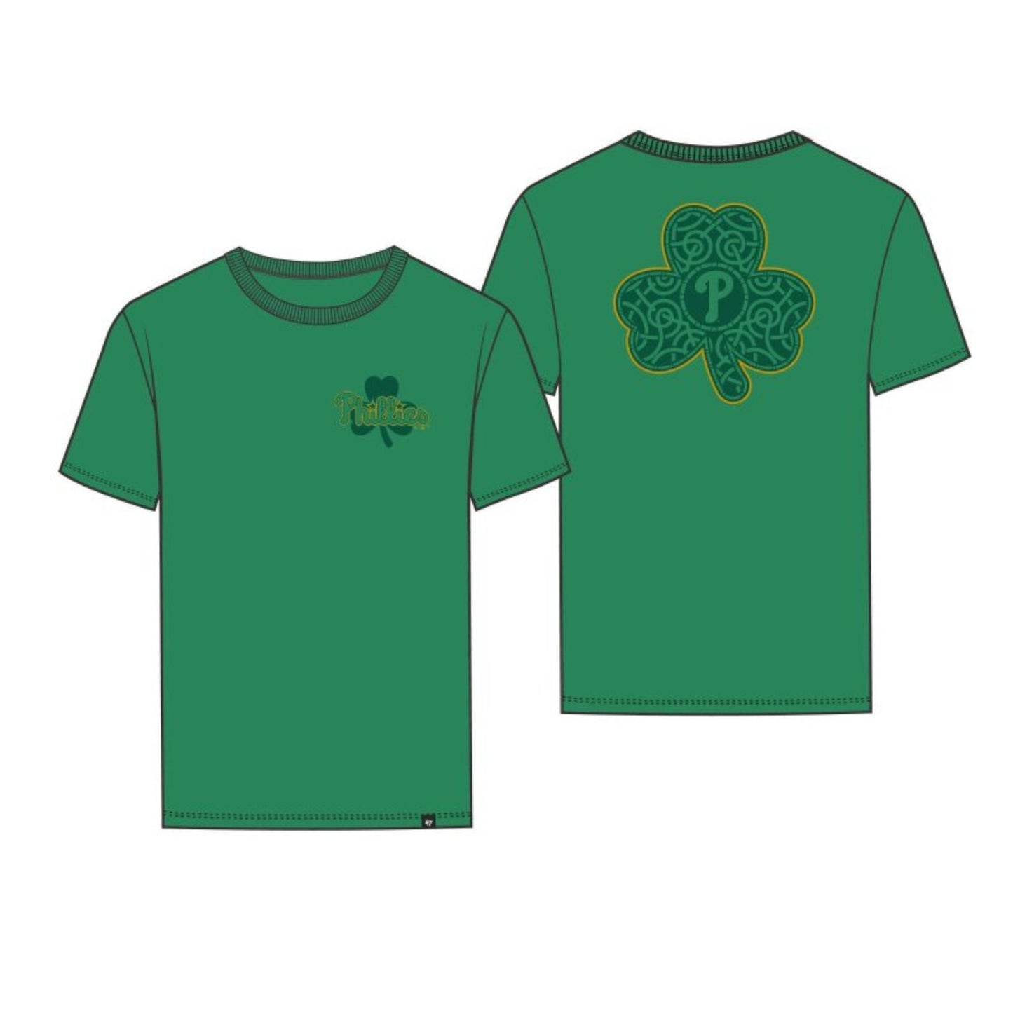 Green t-shirt with shamrock design on front and back on a white background