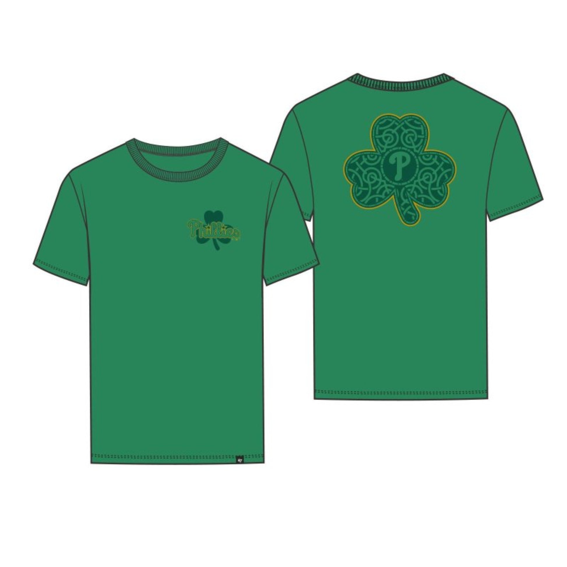 Green t-shirt with shamrock design on front and back on a white background