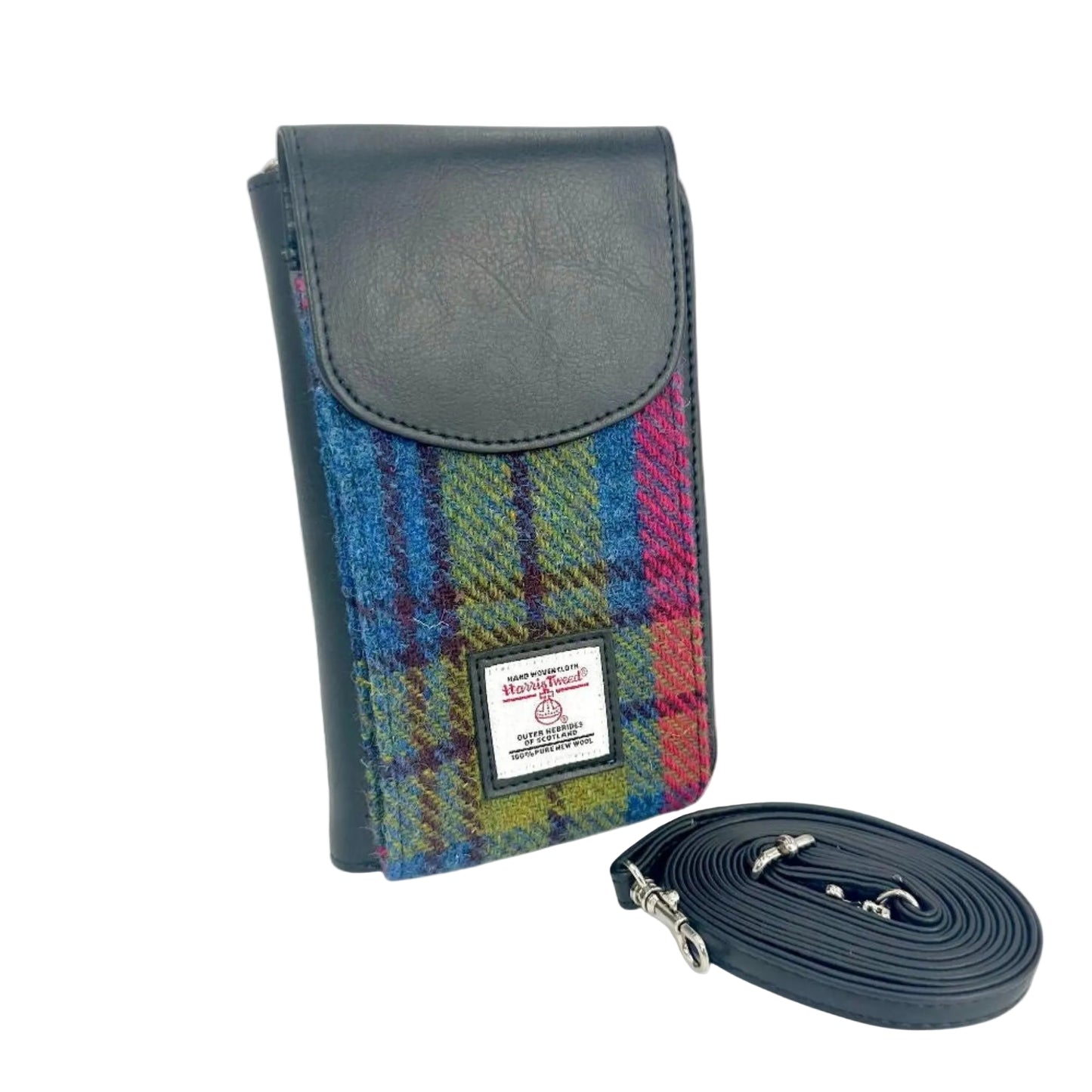Harris Tweed pouch with plaid pattern and leather strap on a white background