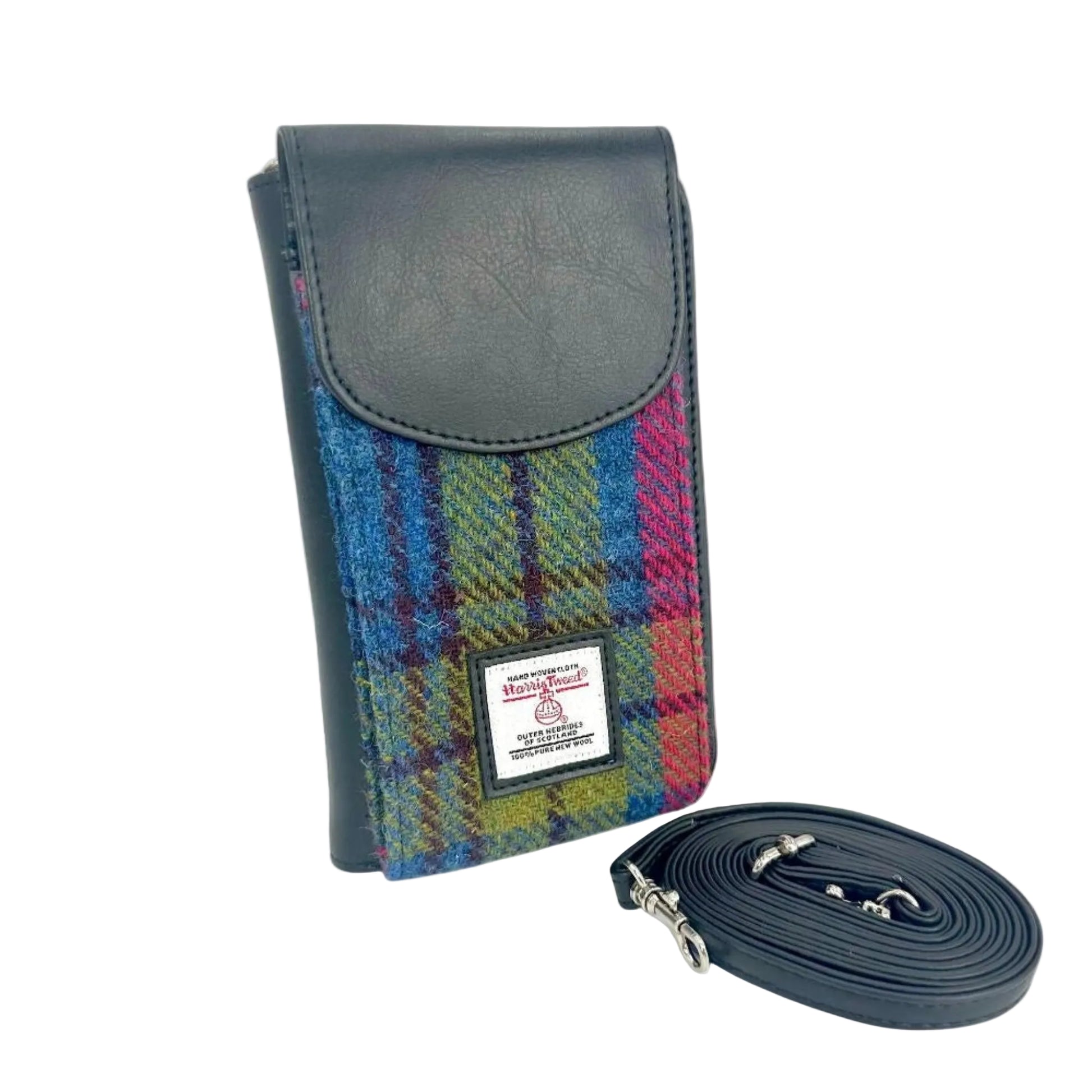 Harris Tweed pouch with plaid pattern and leather strap on a white background