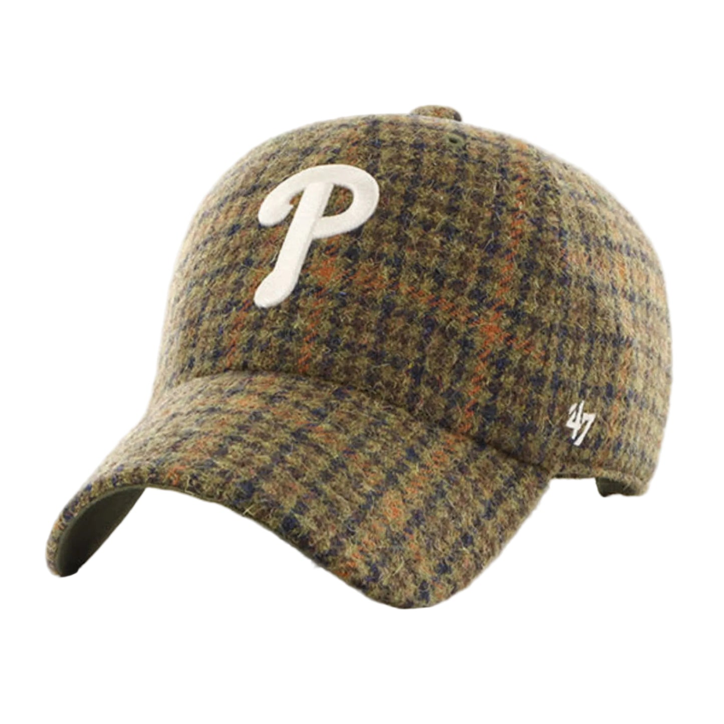 Plaid patterned cap with a logo on a white background
