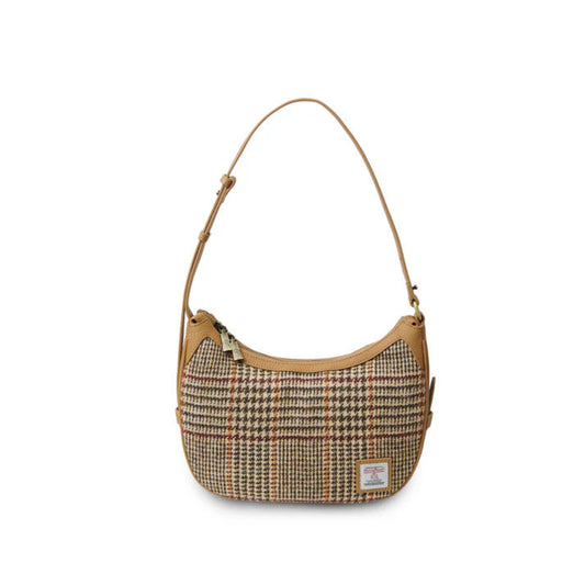 Plaid handbag with a brown strap on a white background
