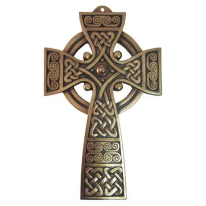 Bronze Celtic cross with intricate celtic knotwork embossing