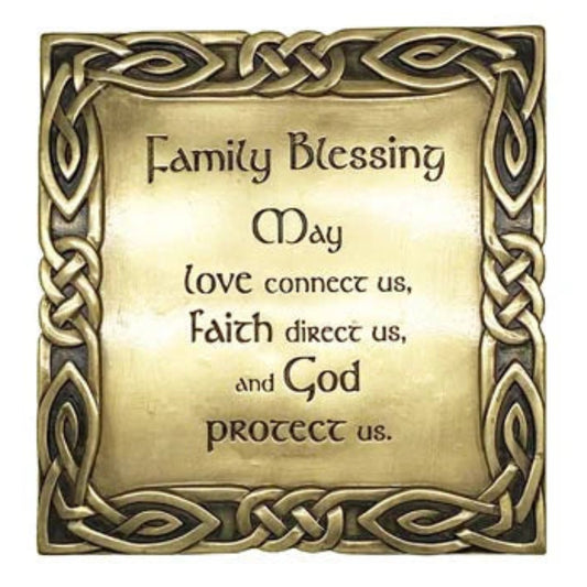 Decorative bronze plaque with a celtic knotwork border and the engraved text "family blessing / may love connect us, faith direct us, and god protect us"