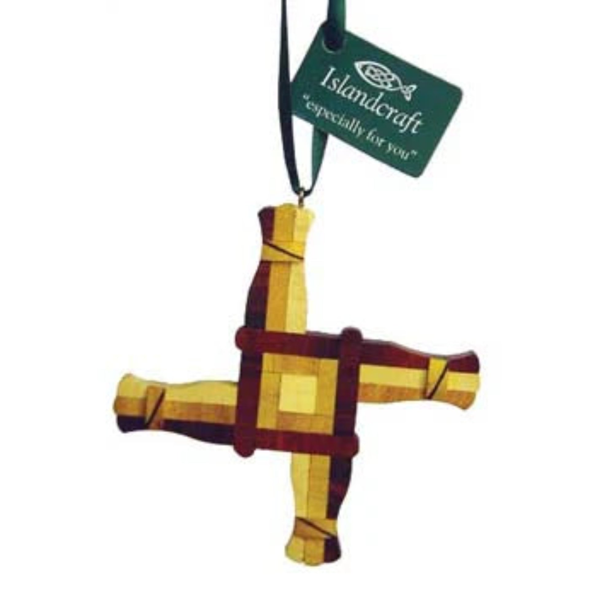 Wooden Brigid's cross ornament with a green ribbon hanger.