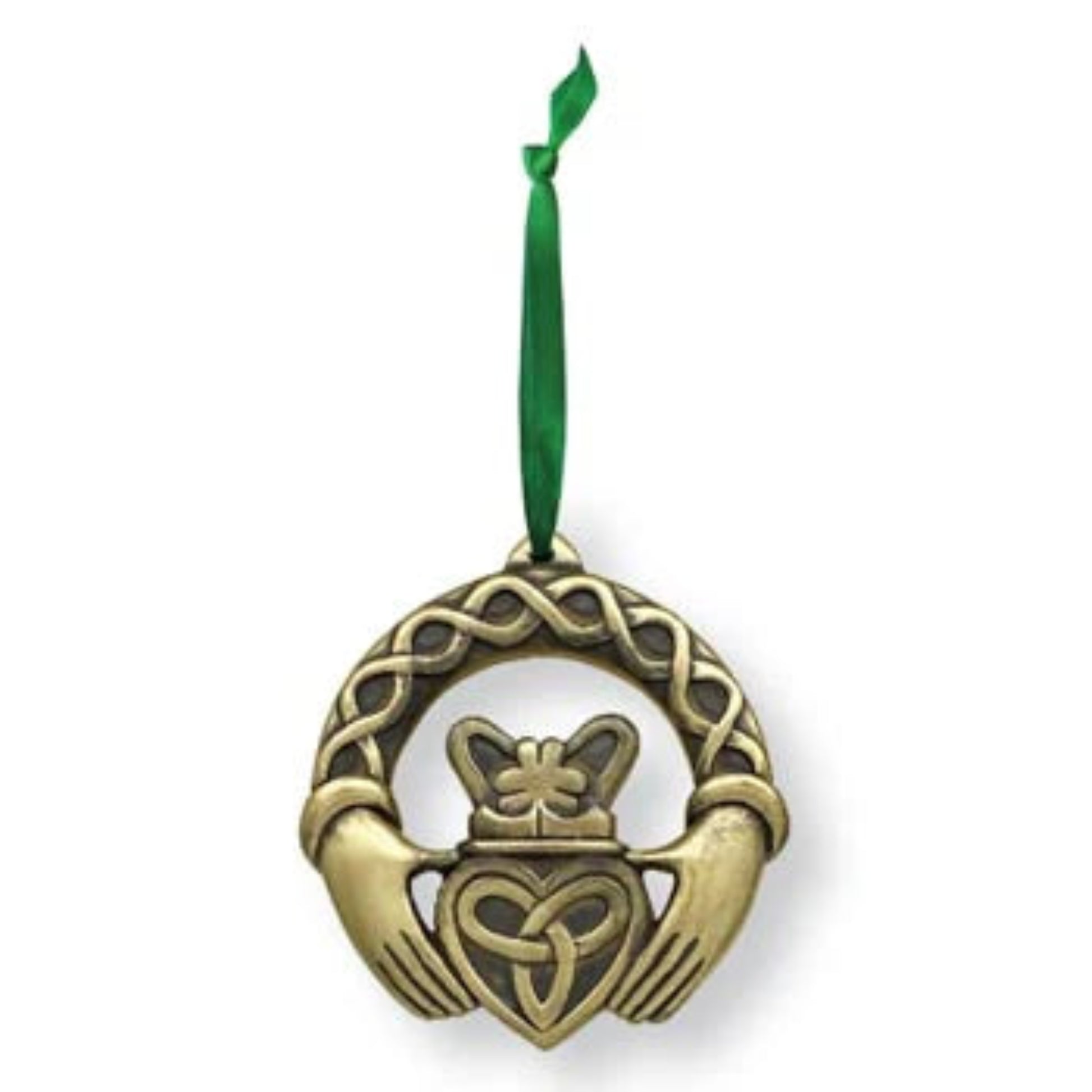 Bronze claddagh ornament with embossed knotwork and a green ribbon hanger.