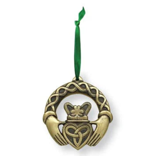 Bronze claddagh ornament with embossed knotwork and a green ribbon hanger.