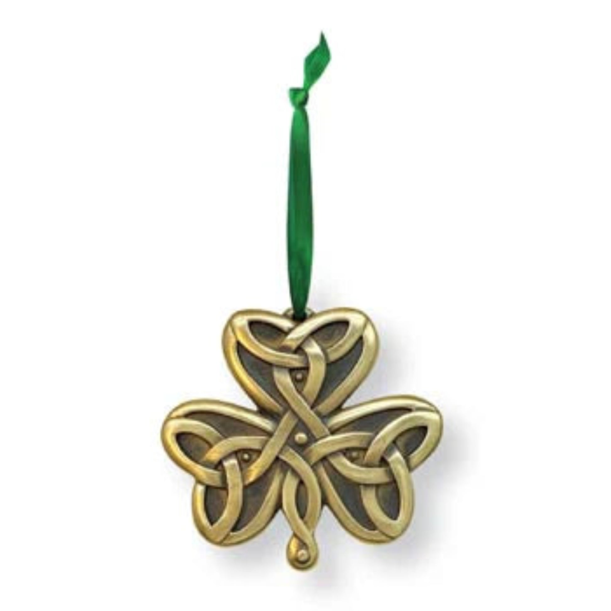 Bronze shamrock ornament with embossed knotwork and a green ribbon hanger.