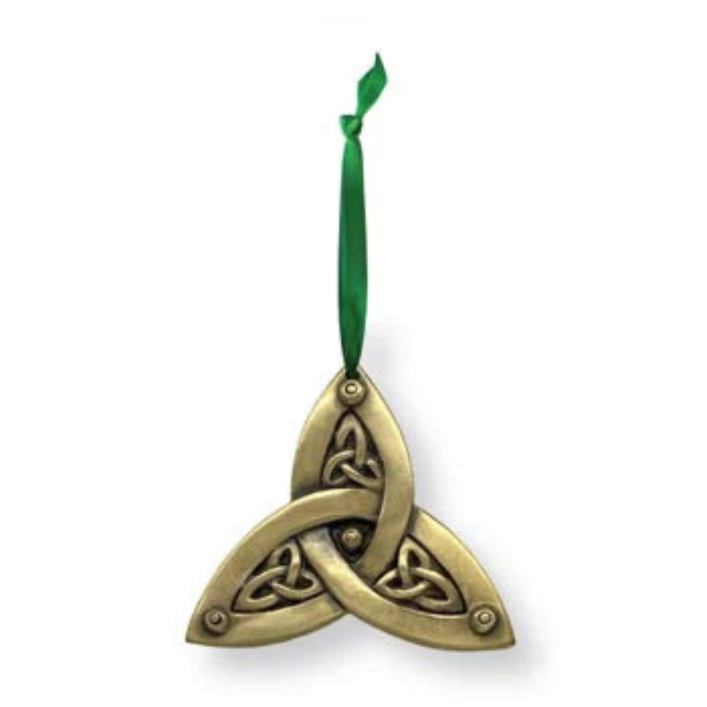 Bronze trinity knot ornament with embossed knotwork and a green ribbon hanger.