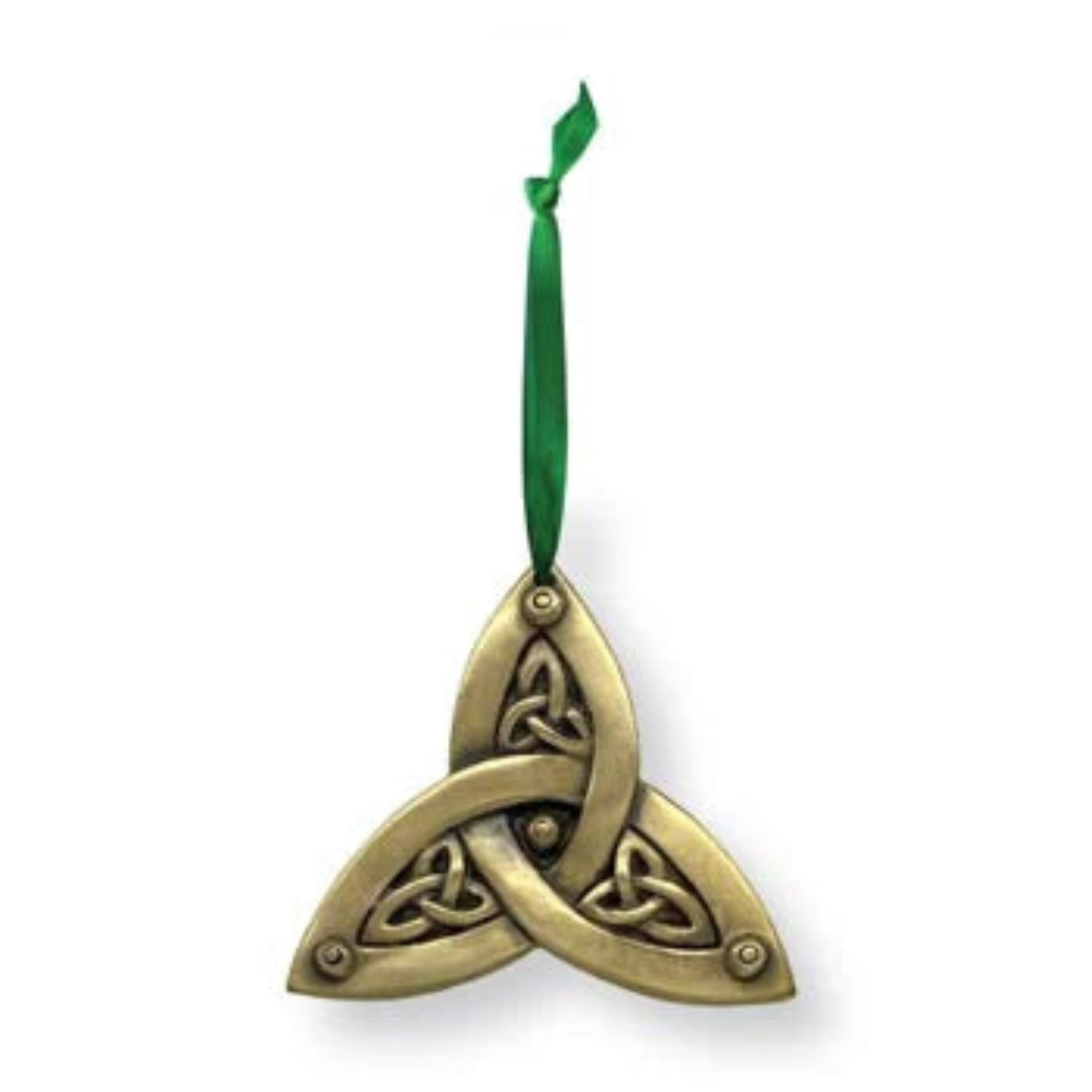 Bronze trinity knot ornament with embossed knotwork and a green ribbon hanger.