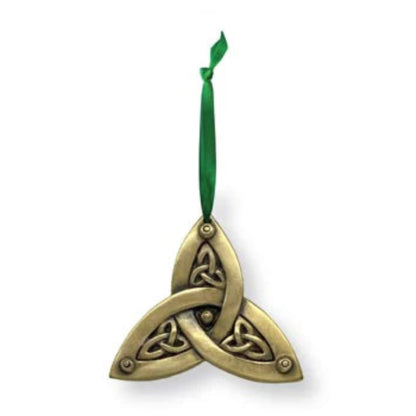 Bronze trinity knot ornament with embossed knotwork and a green ribbon hanger.