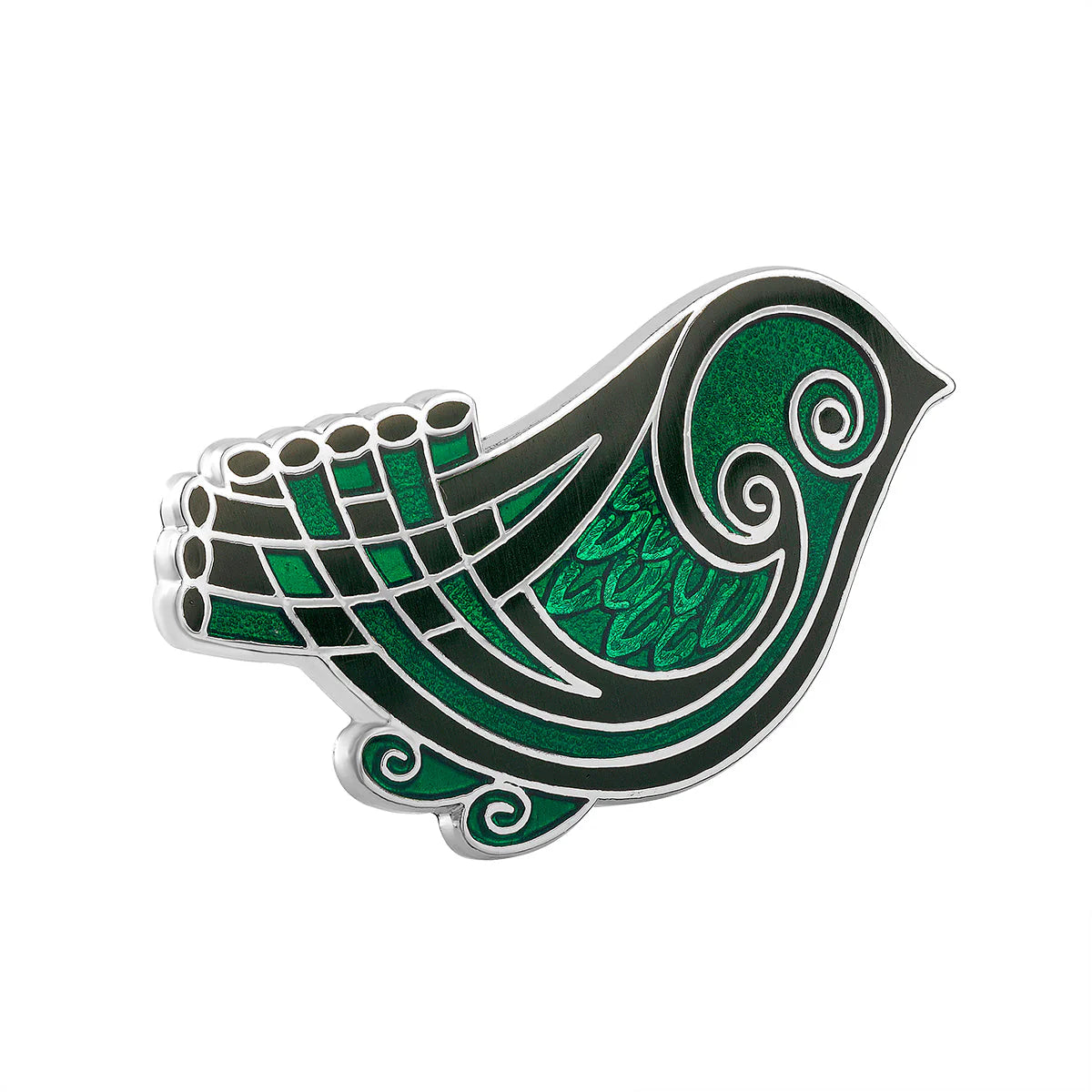 A rhodium-plated silver-colored brooch with green and black enamel, shaped like a bird.