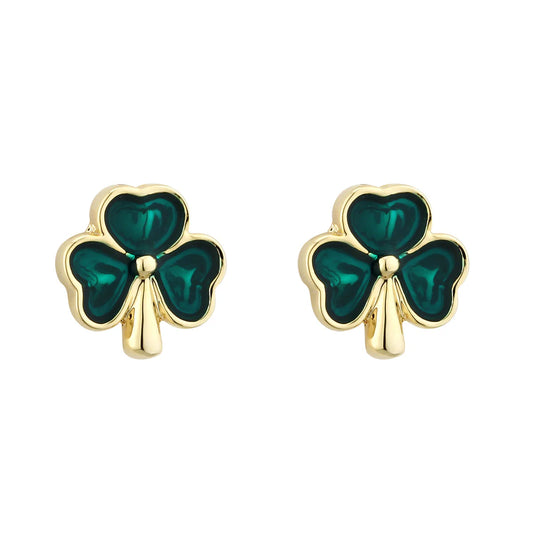 Gold Plated Lucky Enamel Shamrock Stud Earrings