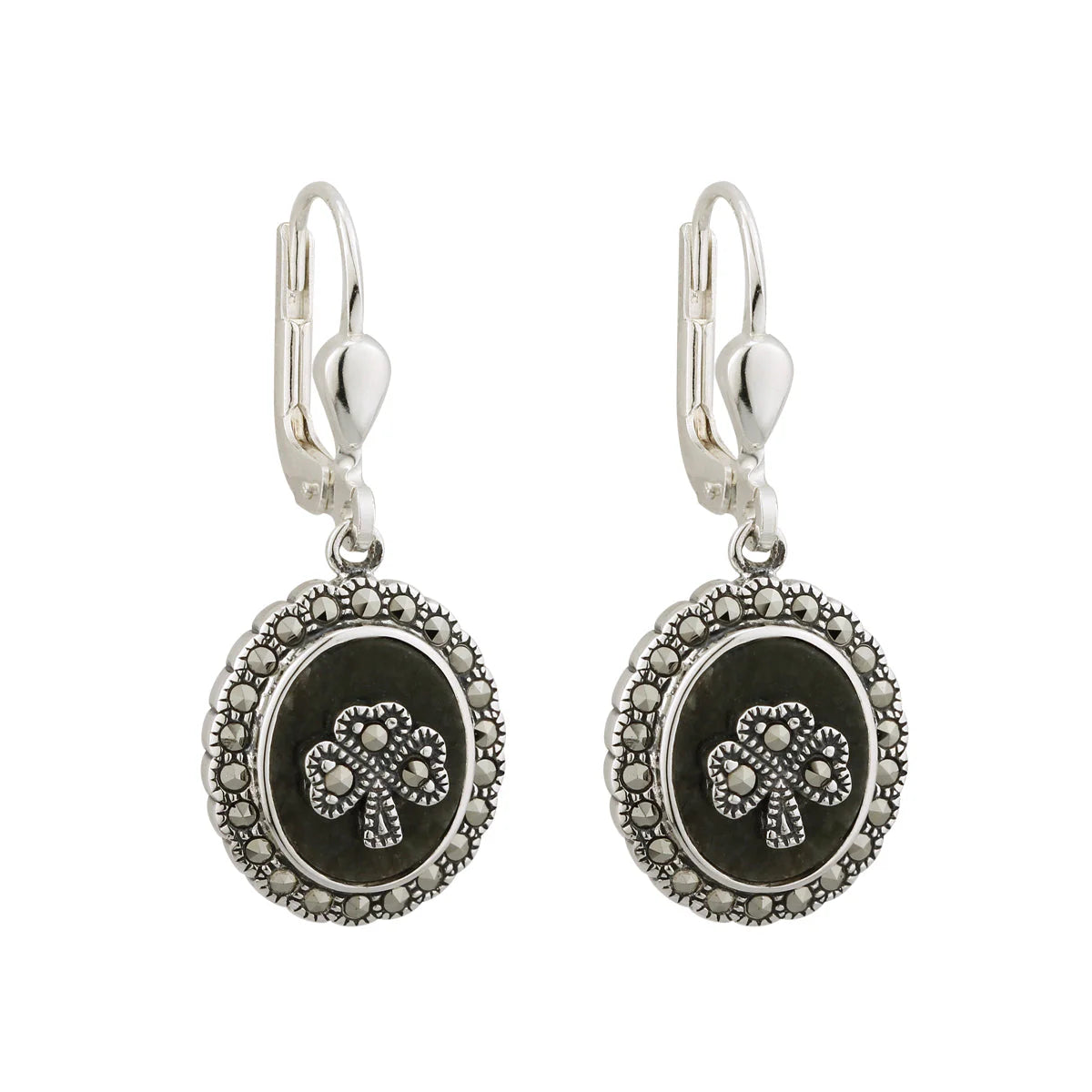 Marcasite Shamrock Connemara Marble Earrings