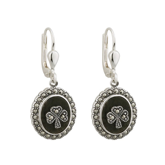 Marcasite Shamrock Connemara Marble Earrings