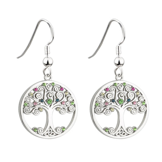Rhodium Crystal Tree Of Life Drop Earrings