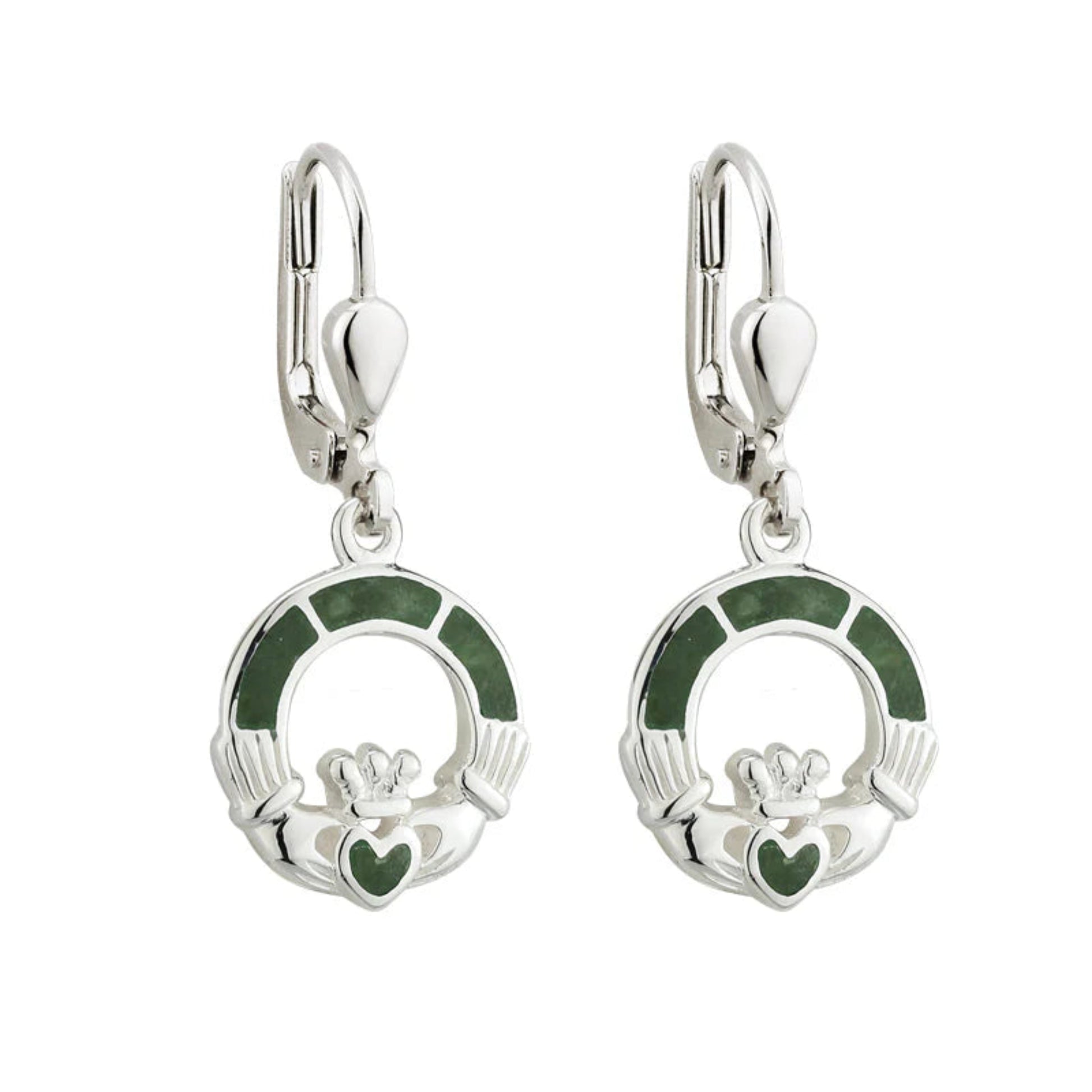 Pair of silver Claddagh earrings with green stones on a white background