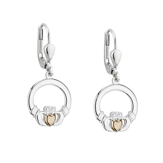 Sterling Silver Claddagh Drop Earrings with 10k Gold Hearts