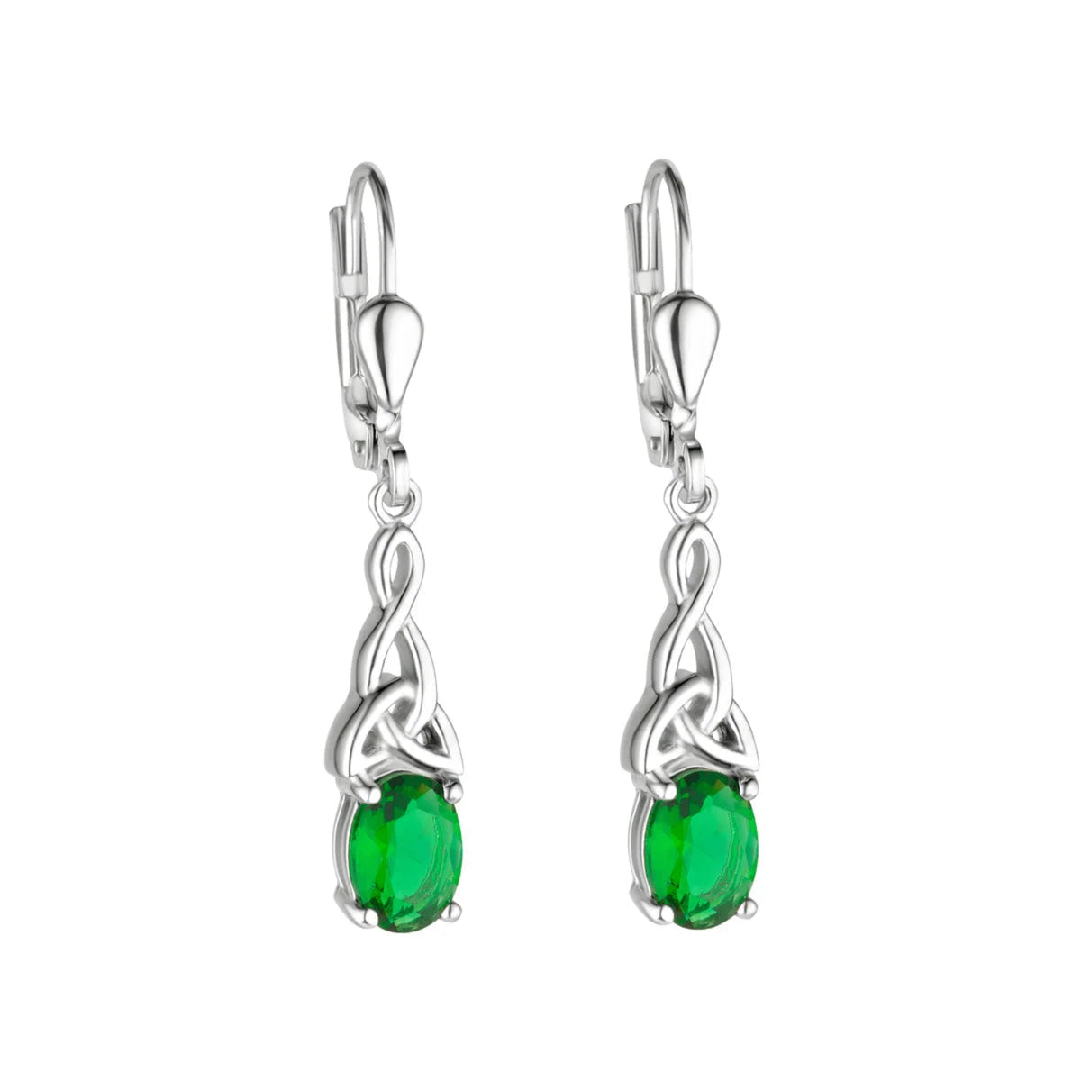 Sterling Silver Green Crystal Trinity Knot Drop Earrings