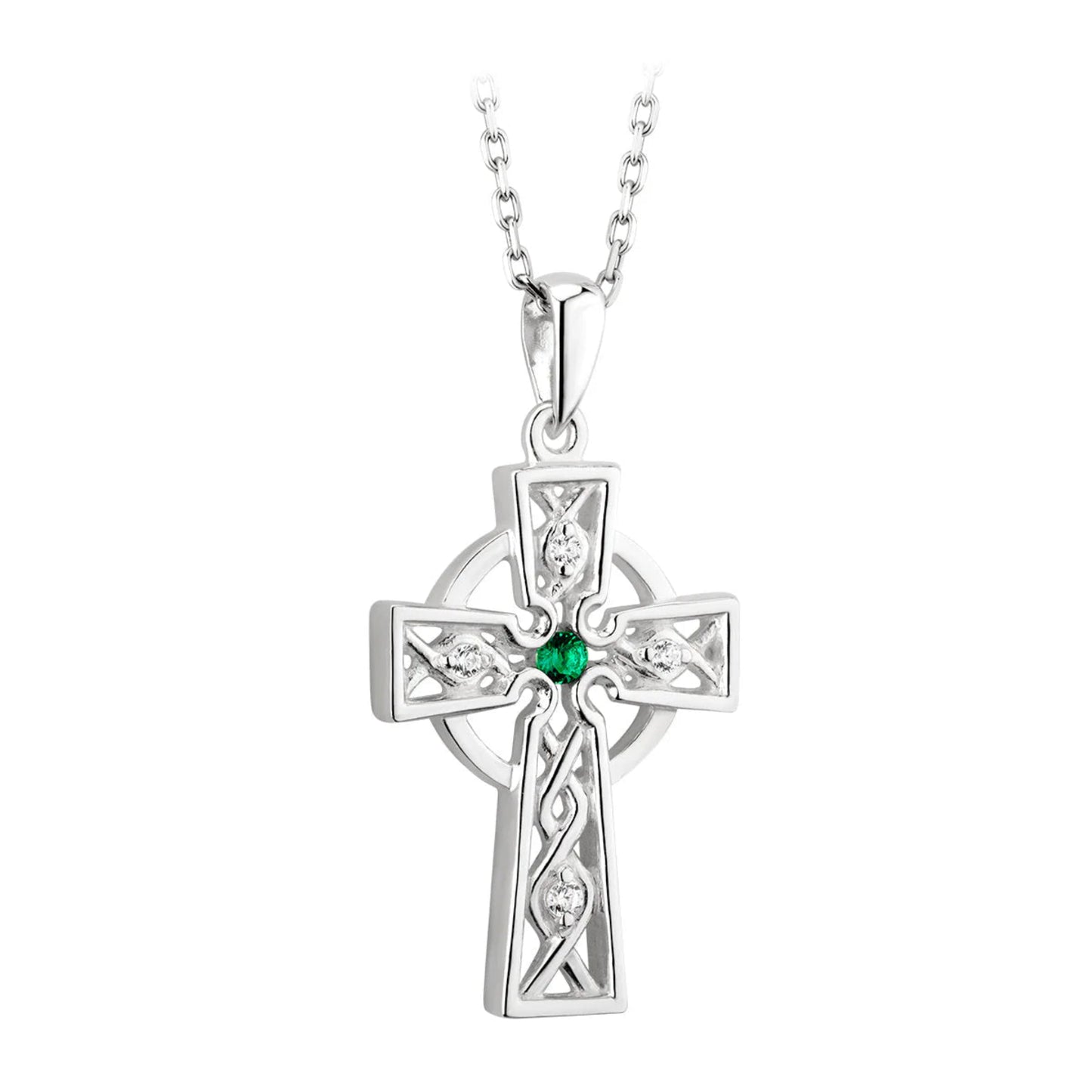 Silver cross pendant with a green gemstone on a white background