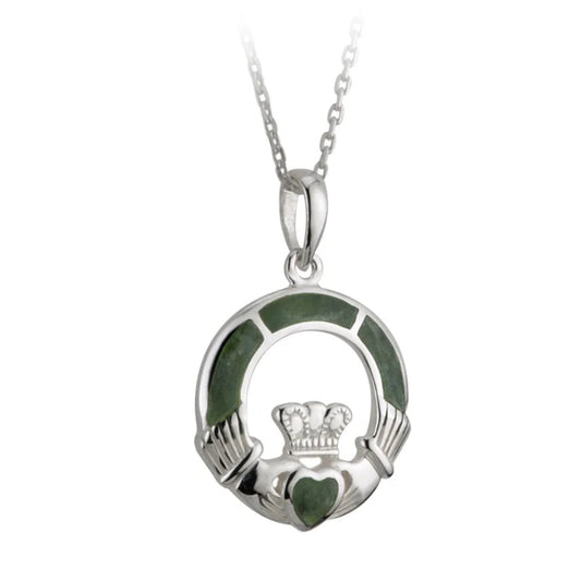 A sterling silver Claddagh pendant with Connemara marble inlays on a silver chain.