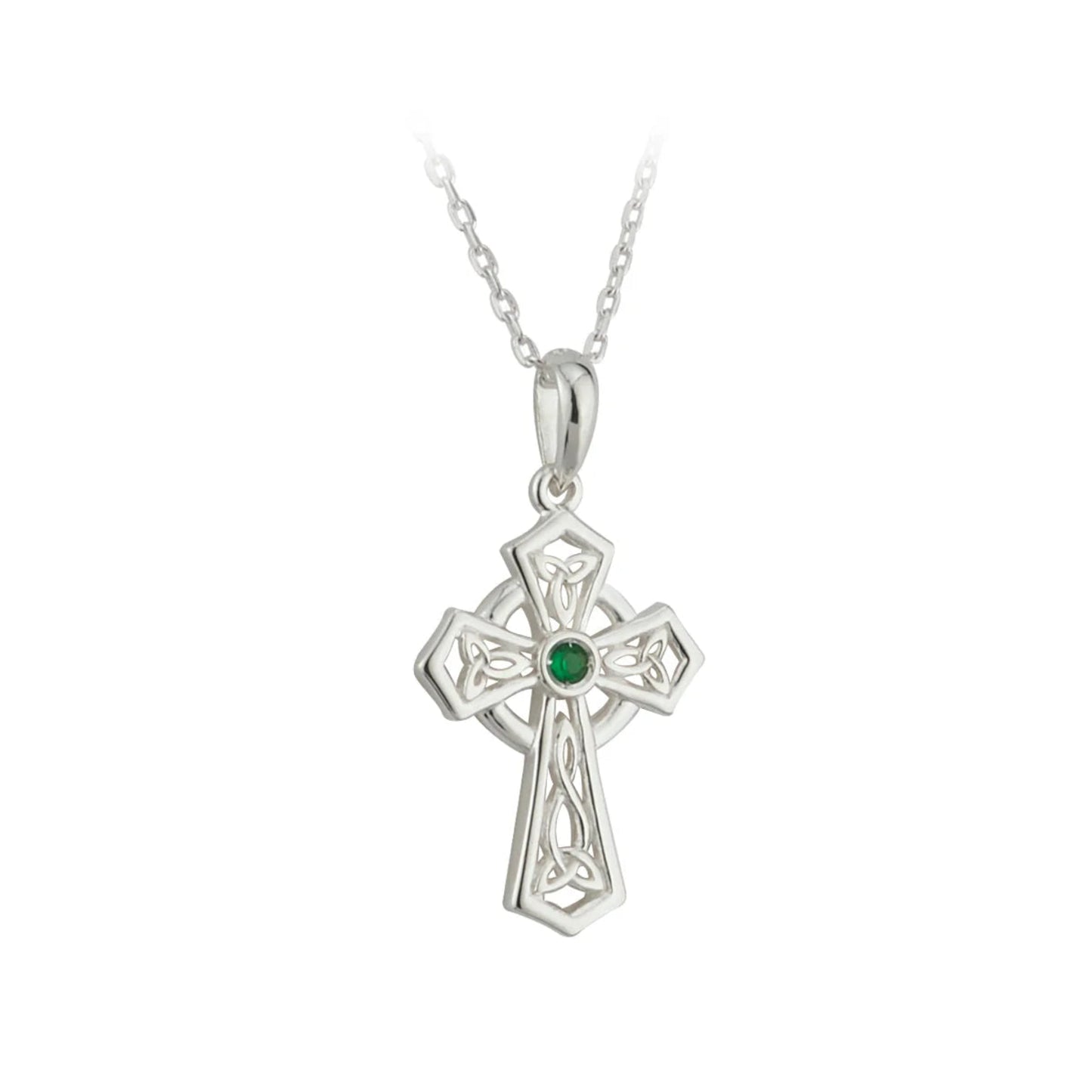 Silver cross pendant with a green gemstone on a white background