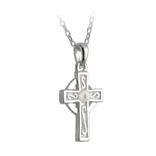 Rhodium Plated Pearl Cross Communion Pendant